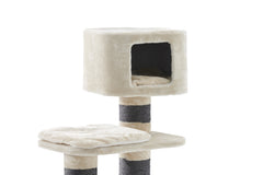 Katzenbaum LOANO mit Höhle, gepolsterter Liegefläche und Sisal-wickelten Kratzsäulen in neutralen Farben.