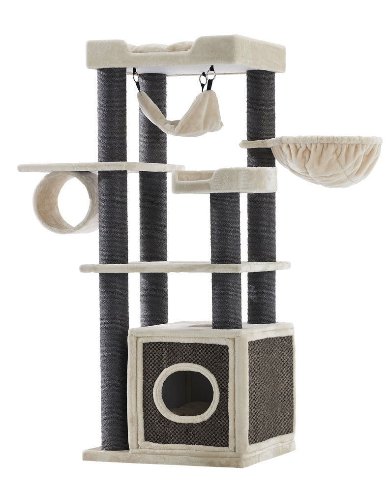 Katzenspielzeug „Faris“ mit mehreren Ebenen, Sisal-Säulen, Höhle, Liegeflächen und Hängematte für optimale Spielmöglichkeiten.