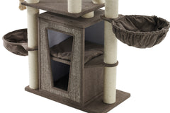 Brauner Kratzbaum HITAL mit mehreren Ebenen, Hängematten und Sisalstämmen für Katzen zum Spielen und Entspannen.
