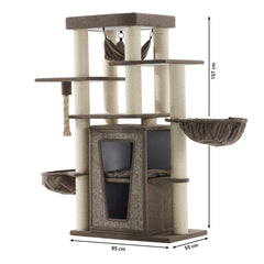 Großer Kratzbaum HITAL in neutralen Farbtönen mit Plattformen, Höhle, Hängematten und Sisal-kratzendem Pfosten.