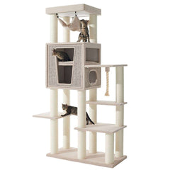 Hochwertiger Kratzbaum "Kasil" mit Plattformen, Höhle und Hängematte, ideal für mehrere Katzen.