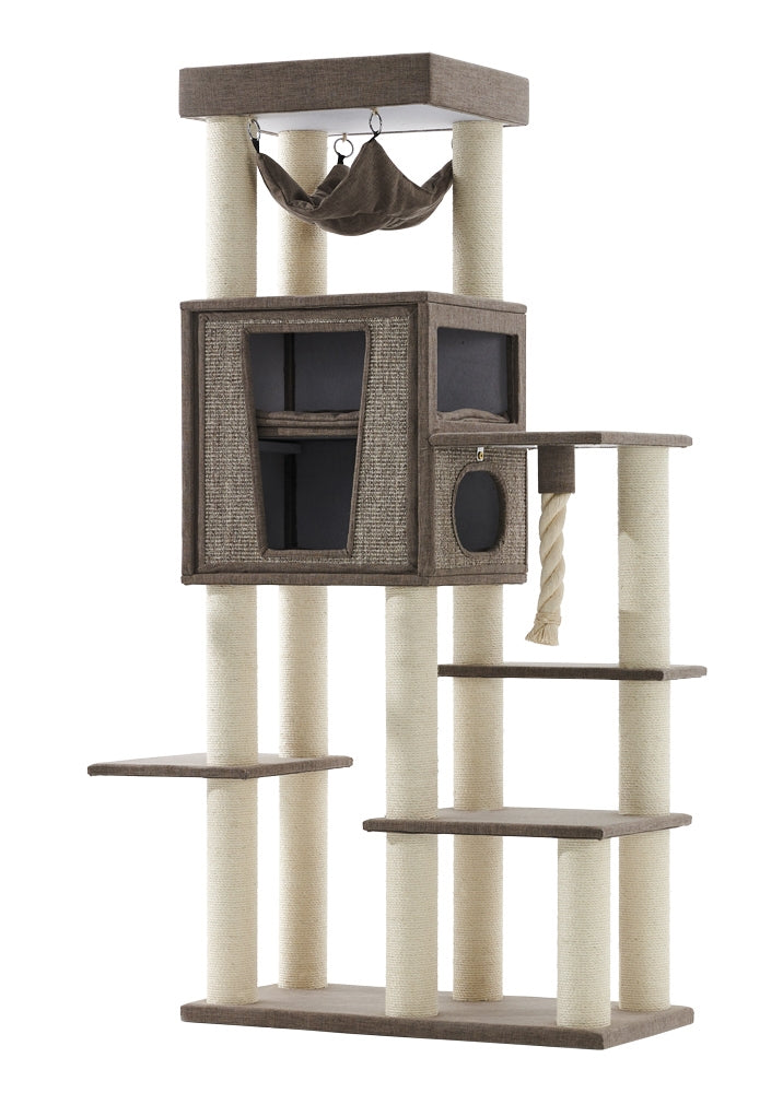 Katzenbaum "Kasil" mit mehreren Ebenen, Rückzugsort, Hängematte und kratzfesten Säulen für entspannte Katzen.