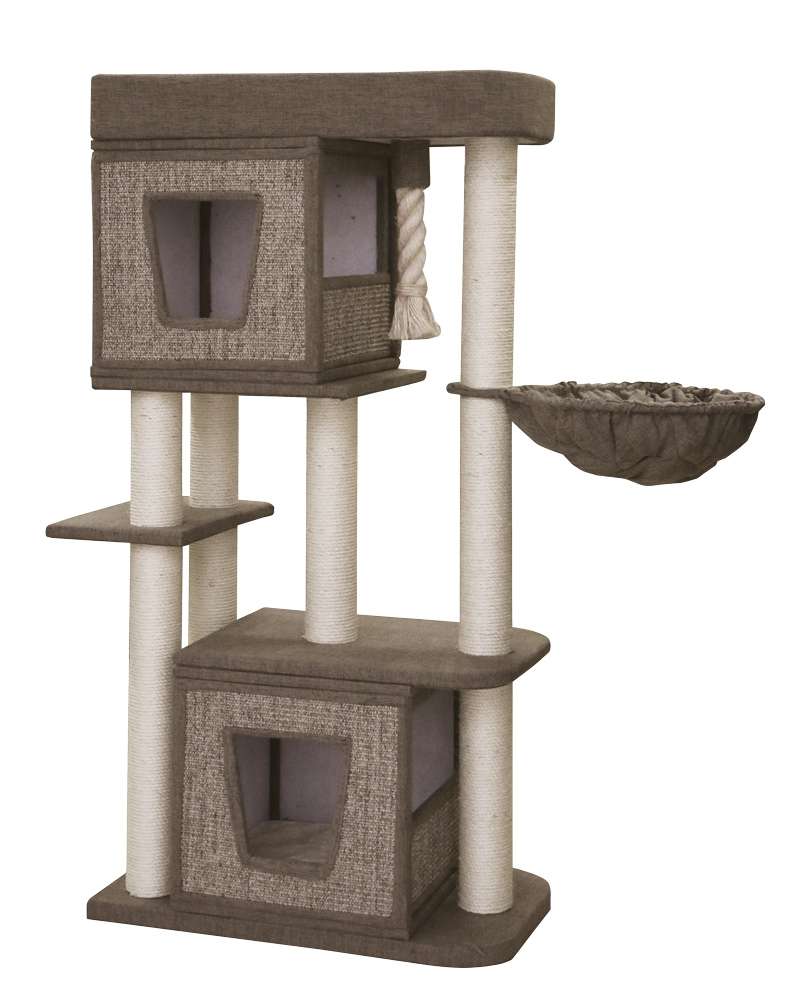 Kratzbaum "Zati" für Katzen mit mehreren Ebenen, Höhlen, Sisal-Pfosten und hängender Schlafschale in grauem Stoff.