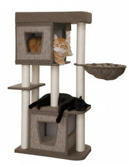 Mehrstöckiger Kratzbaum ZATI mit orangefarbener Katze in Höhle und schwarzer Katze auf Plattform. Ideal für Katzen.