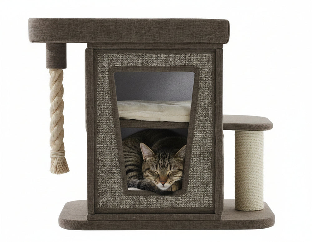 Stylischer Kratzbaum ULVI in hellbraun, mit mehreren Ebenen, Schlafplatz und zugänglicher Öffnung für Katzen.