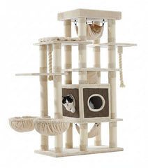 Kratzbaum GADI mit mehreren Ebenen, Liegeflächen und Höhlen für Katzen in hellem Farbton und weichen Polstern.