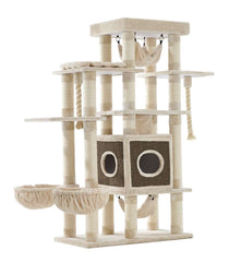 Kratzbaum "Gadi" für Katzen mit Plattformen, Höhle, Hängematten und Spielseilen in hellem Farbton. Ideal für Spiel und Ruhe.