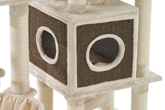 Weicher Kratzbaum GADI für Katzen mit würfelförmigem Unterschlupf und runden Eingängen in hellem Beige und braunen Akzenten.