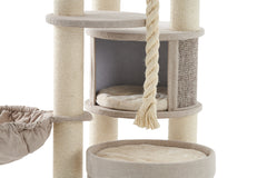 "Kratzbaum FIDA mit mehreren Ebenen, weichen Liegeflächen, Tunnel und Sisalstämmen für Katzen."