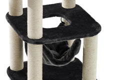 Schwarzer und beiger Kratzbaum ZADA mit mehreren Ebenen, Sisalstämmen und hängender Liegeschaukel für Katzen.