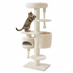 Kratzbaum CUPID XL mit hellen Materialien, mehreren Plattformen, Hängematten, Höhle und Sisalsäulen zum Kratzen.