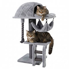 Grauer Kratzbaum RAMI XL mit kuppelförmiger Schlafkuhle und hängender Liege, ideal für Katzen.