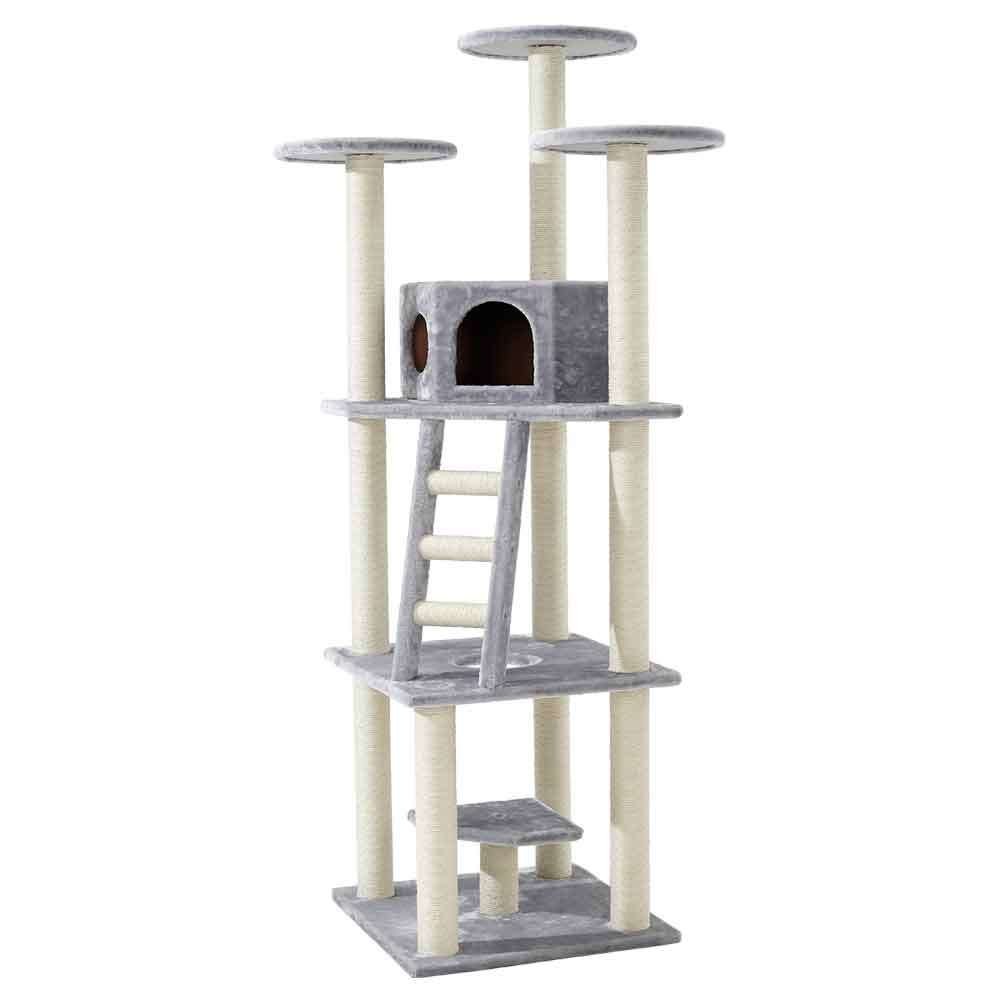 Hochwertiger Kratzbaum "Sultan" mit Plüschoberflächen, Höhle, Liegeflächen und Kratzsäulen in Grautönen.
