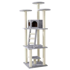 Hochwertiger Kratzbaum "Sultan" mit Plüschoberflächen, Höhle, Liegeflächen und Kratzsäulen in Grautönen.