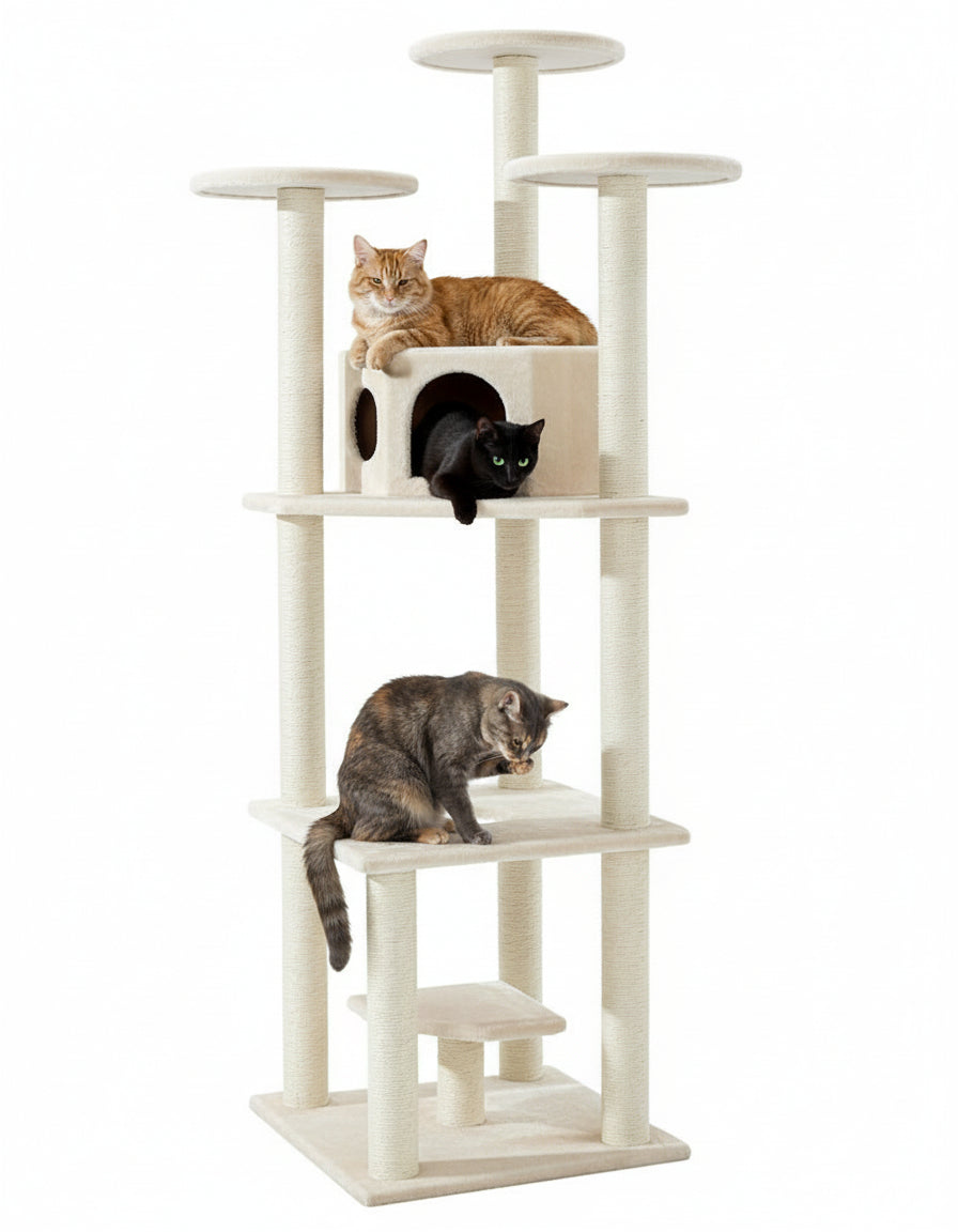 Moderner Kratzbaum SULTAN mit mehreren Etagen, Spielhaus und drei Katzen in orange, schwarz und getigert.