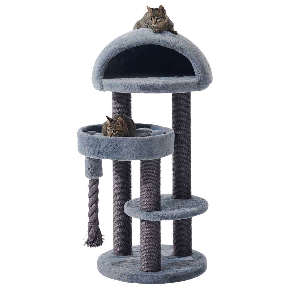 Grauer Kratzbaum "Lita" mit mehreren Etagen, Höhle, Liegefläche, Hängematte und zwei spielenden Katzen.