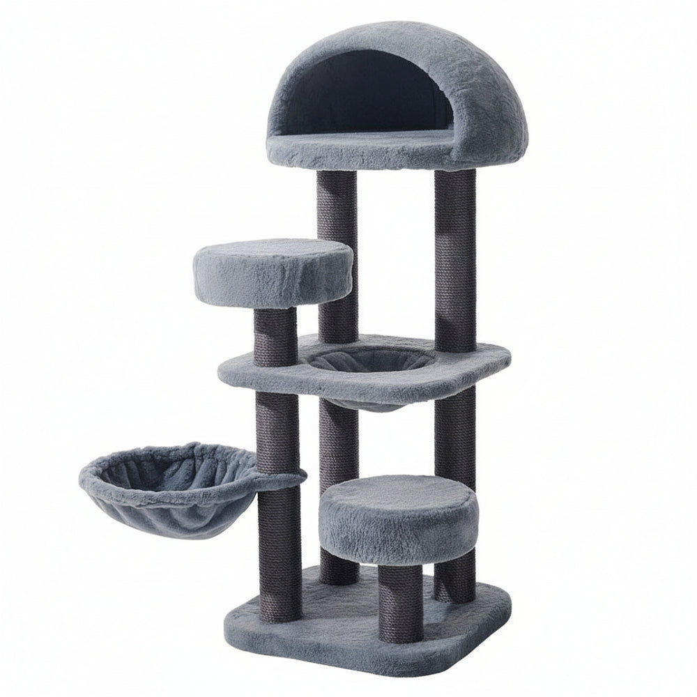 Grauer Kratzbaum NARA mit verschiedenen Ebenen, Höhle, Plattformen und Liegefläche für Katzen. Ideal zum Spielen und Entspannen.