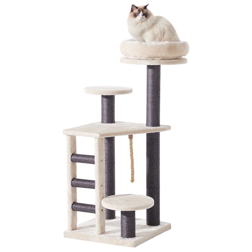 "Kratzbaum DONACO für Katzen mit mehreren Ebenen, gepolsterter Liegefläche und Sisal umwickelten Pfosten."