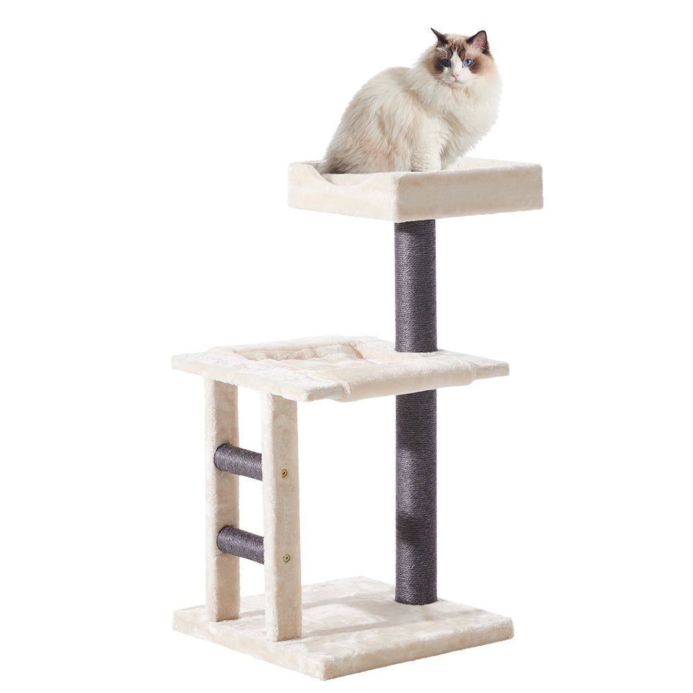 "Kratzbaum NEGULO für Katzen mit quadratischer Basis, zwei Plattformen und weichem, hellem Material."