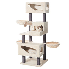 Mehrstöckiger Kratzbaum CORLU mit Plattformen, Höhlen und weichen Liegeflächen für Katzen.