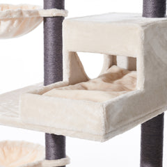 Kratzbaum CORLU mit gepolstertem Schlafplatz und Höhle für Katzen in cremefarbenem Design. Ideal für Entspannung und Spiel.