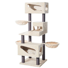 "Mehrstöckiger Kratzbaum 'Corlu' für Katzen mit Spiel- und Ruheplätzen aus weichem, hellem Material."