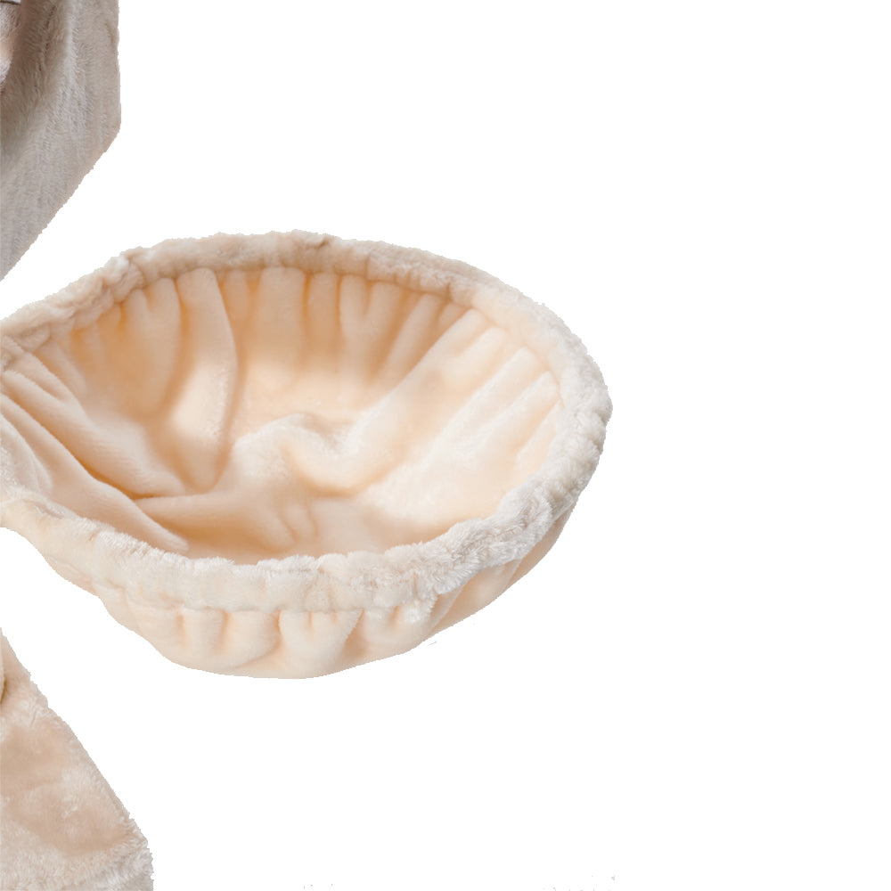 Weicher Kratzbaum MERSIN mit runder Kuschelschale in neutralen Farben und elastischem Rand für Katzenkomfort.