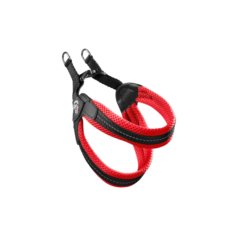 Rotes Hundegeschirr mit Netzdesign und gepolsterten Griffen, verstellbaren Riemen für optimale Anpassung.