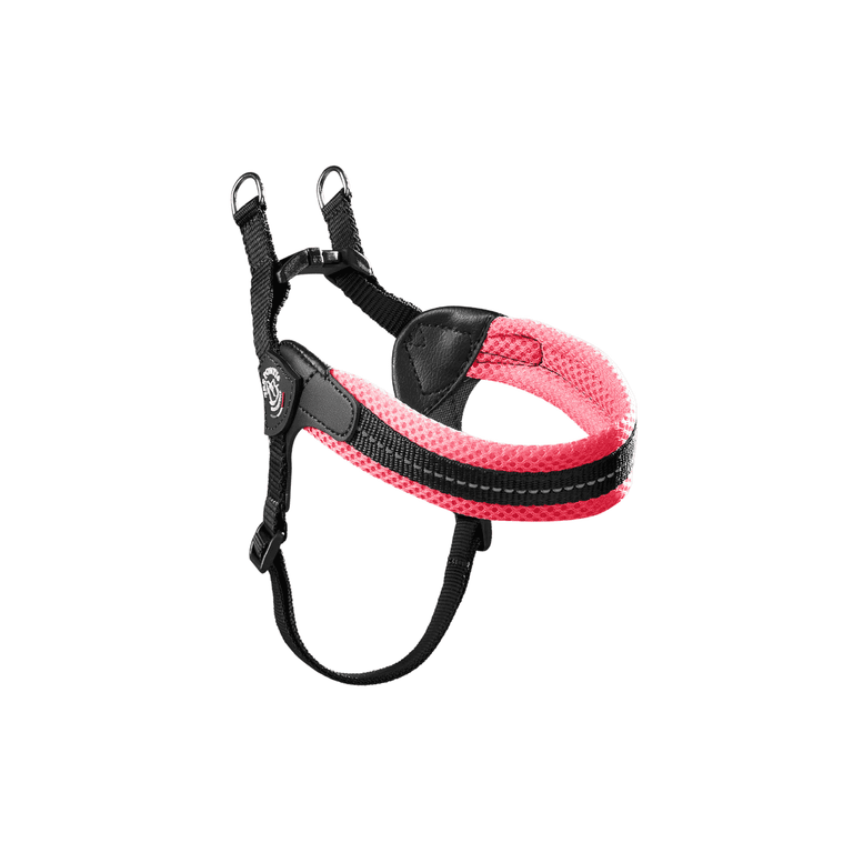 Verstellbares Hundegeschirr in Schwarz und Pink mit ergonomischem Design und D-Ringen für optimale Sicherheit und Komfort.
