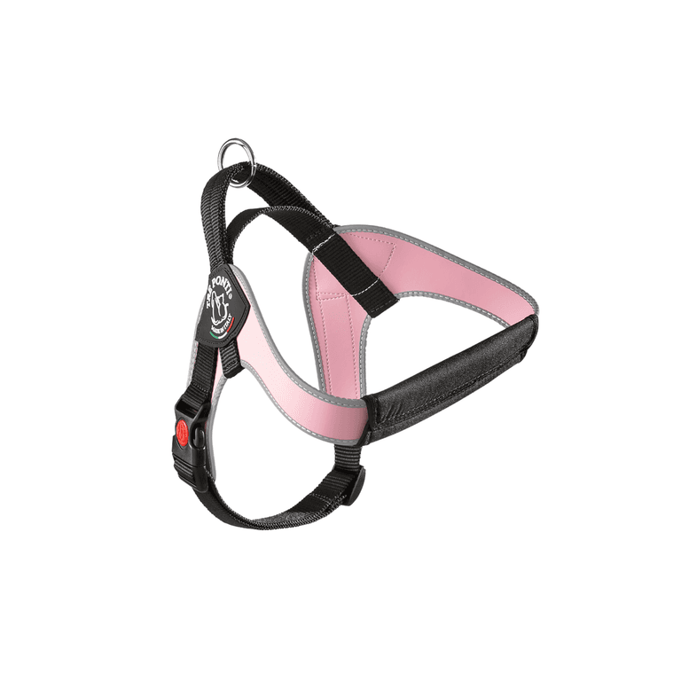 Schwarzes Hundeharnes mit rosa Polsterung, verstellbarer Schnalle und D-Ring zur Befestigung von Leinen.