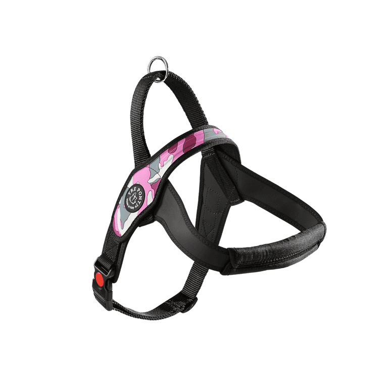 Hundegeschirr in pinker Camouflage-Optik, robustes Material, gepolsterte Innenseite für hohen Komfort.