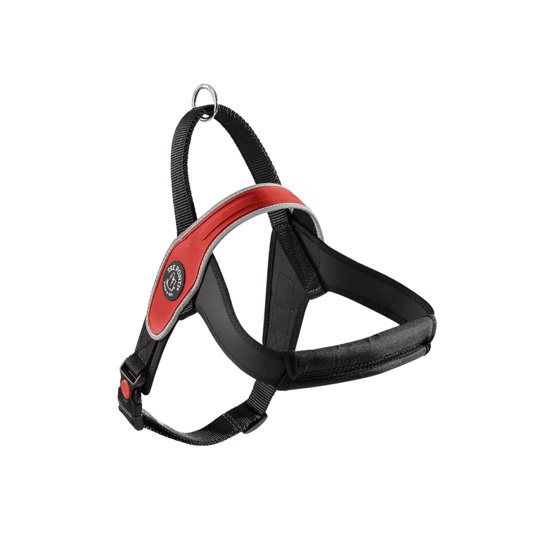 Hundegeschirr in Rot und Schwarz mit gepolsterten Elementen, stabilem Metallring und verstellbaren Riemen für optimalen Sitz.