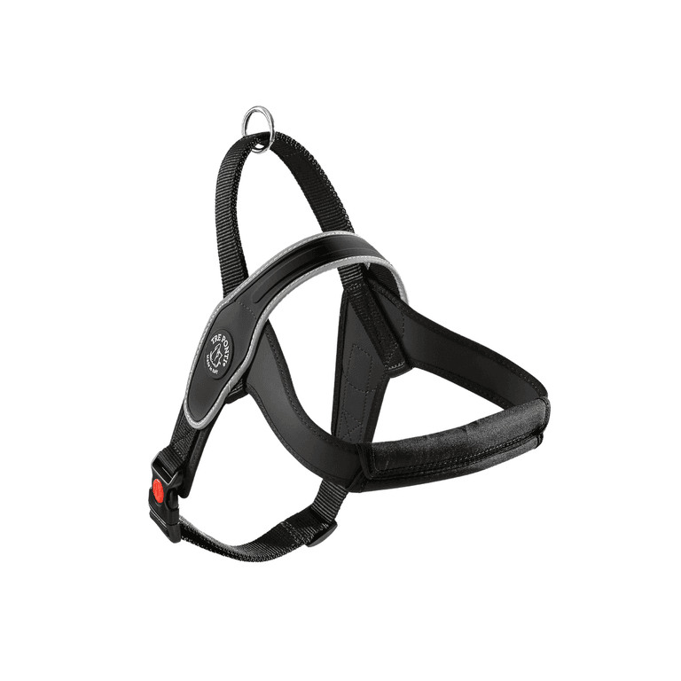 Schwarzes Hundegeschirr mit ergonomischem Design, gepolsterten Bereichen und verstellbaren Riemen für optimalen Komfort.