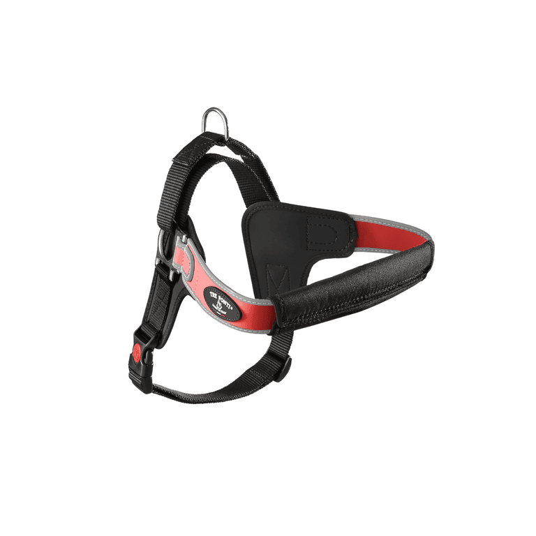 Schwarz-rotes Hundegeschirr mit gepolsterter Brustpartie und verstellbaren Riemen für optimale Passform und Komfort.