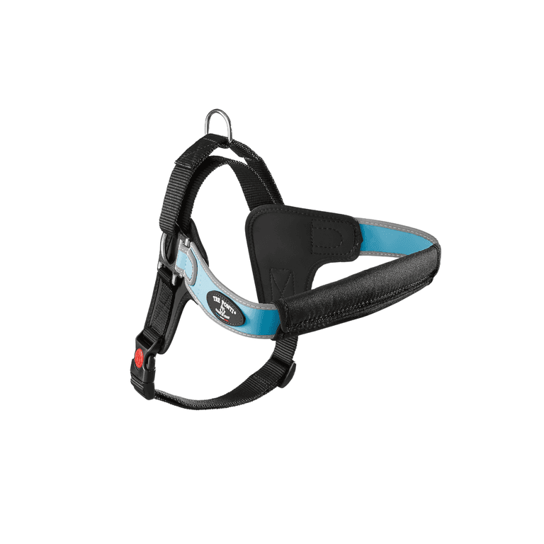 Ergonomisches Hundegeschirr in Schwarz-Blau mit gepolsterten Bereichen und verstellbaren Gurten für optimalen Komfort.