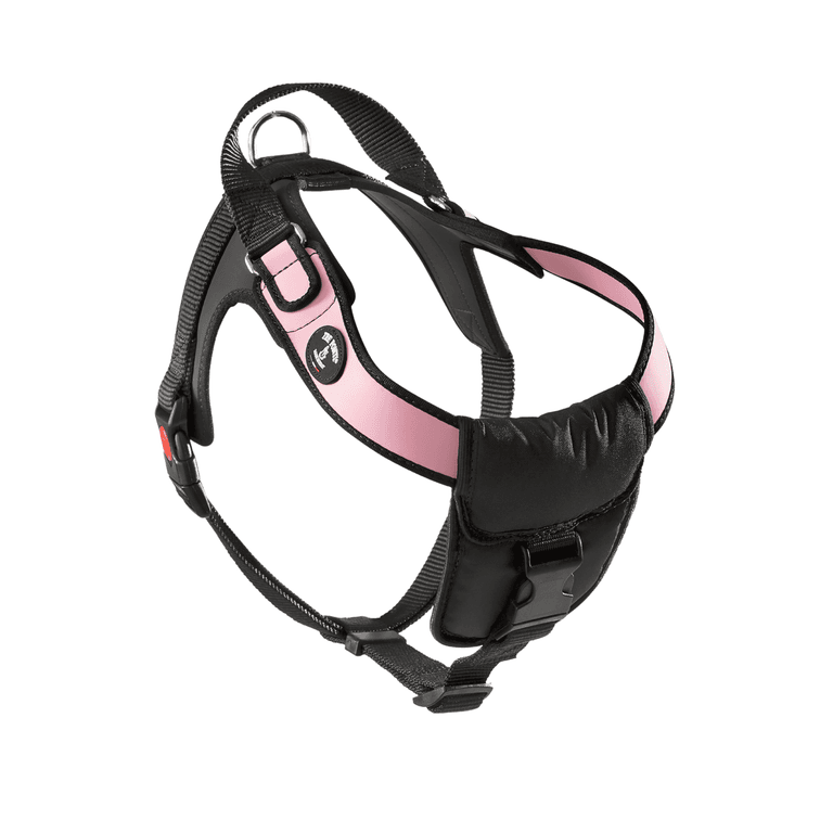 Schwarzes und pinkes Hundegeschirr mit verstellbaren Riemen, gepolstertem Brustbereich und ergonomischem Design.