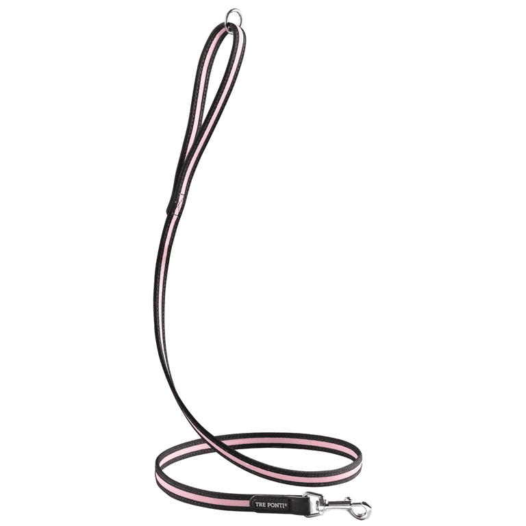 Schwarze Hundeleine mit pinkem Streifen, stabiler Karabiner und ergonomischem Griff, ideal für kleine Hunde.