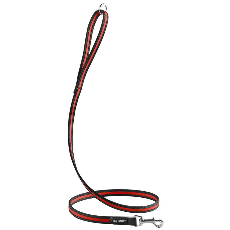 Schwarze Hundeflexileine mit roten Akzenten, stabiler Karabiner und gepolsterter Handschlaufe für hohen Komfort.