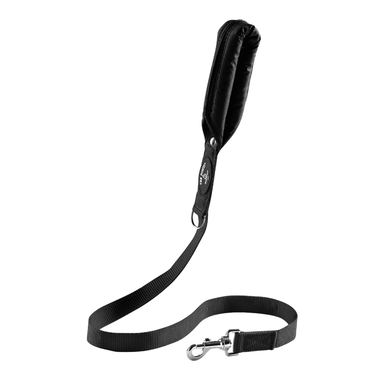 Schwarze Hundeleine mit gepolstertem Griff und robustem Karabinerhaken für optimalen Komfort und Haltbarkeit.