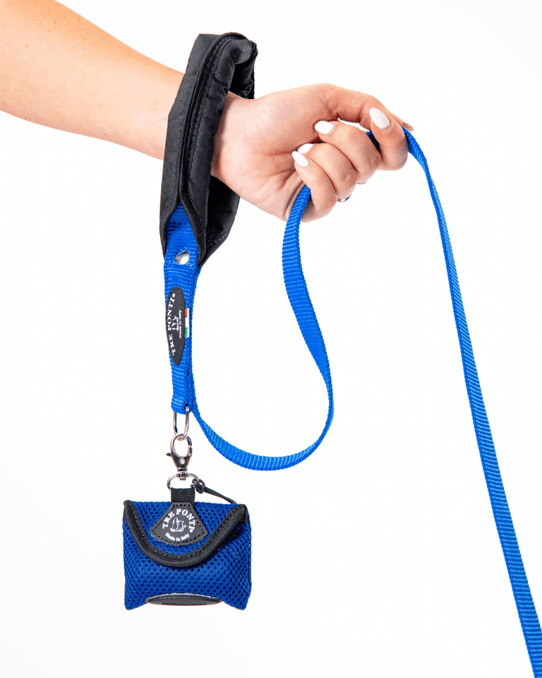 Blaue Hundeleine mit gepolstertem Griff und Beutel für Hundekotbeutel in der Hand gehalten.