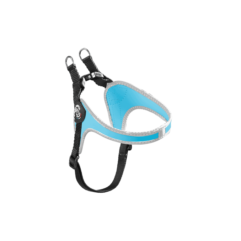 Hundegeschirr in Blau und Schwarz mit ergonomischer Form, gepolstert und zwei D-Ringen für die Leinenbefestigung.