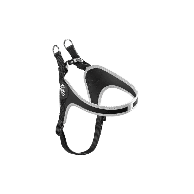 Schwarzes ergonomisches Hundegeschirr mit verstellbarem Gurt und reflektierenden Elementen für optimale Sicherheit und Komfort.