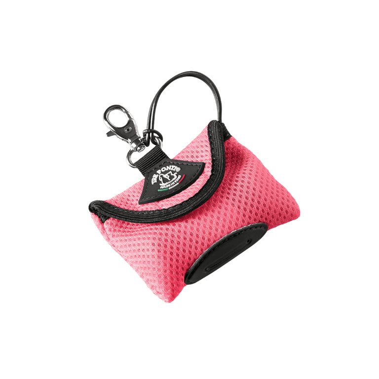 Rosa Schlüsselanhänger-Tasche aus Netzmaterial mit schwarzem Reißverschluss und Karabinerhaken, ideal für unterwegs.