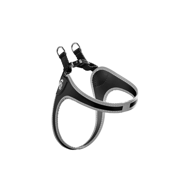 "Schwarzes ergonomisches Hundegeschirr mit reflektierenden Elementen und zwei D-Ringen für optimalen Sitz und Sicherheit."