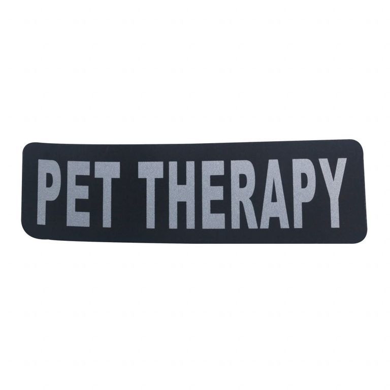 Schwarzes Flash Velcro Schild mit silbernem „PET THERAPY“ Aufdruck für Tiertherapie-Einsätze.