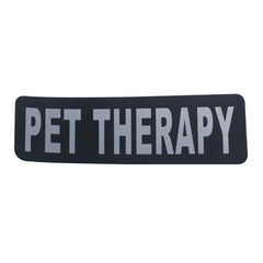 Schwarzes Flash Velcro Schild mit silbernem „PET THERAPY“ Aufdruck für Tiertherapie-Einsätze.