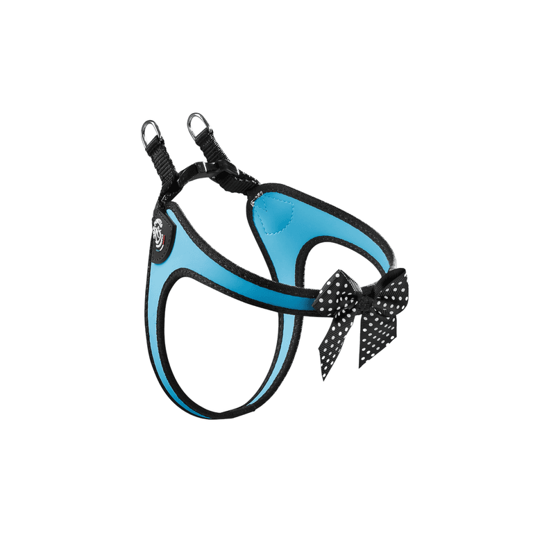 "Hundegeschirr Easy Fit Click Grace in Blau mit schwarzer Schleife und Metallringen, bequem gepolstert."