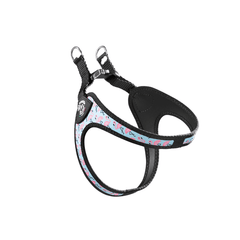 Schwarzes Hundegeschirr mit buntem Flamingo-Muster, verstellbar und mit zwei D-Ringen für die Leinenbefestigung.