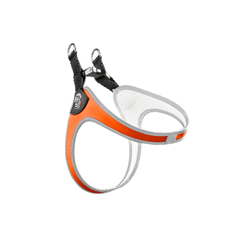 Hundegeschirr Easy Fit Click Fluo in orange und grau, ergonomisch mit verstellbaren Riemen und zwei D-Ringen für optimalen Komfort.