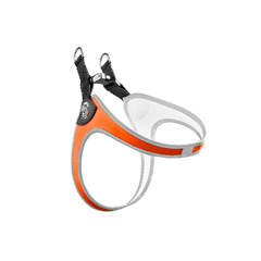 Hundegeschirr Easy Fit Click Fluo in orange und grau, ergonomisch mit verstellbaren Riemen und zwei D-Ringen für optimalen Komfort.